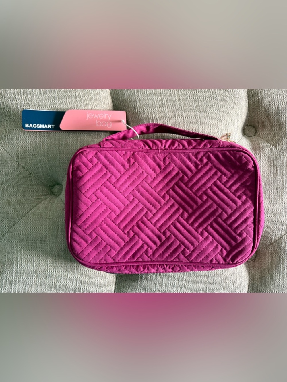 Pink Quilted Jewelry Bag with Top Handle